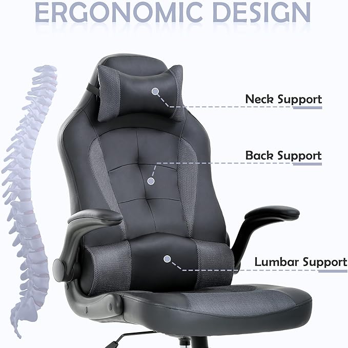 High Back PU Leather Office Gaming Chair Comfortable Big and Tall Height Adjustable Heavy Duty Racing Chair with Headrest &amp Lumbar Support (Grey)
