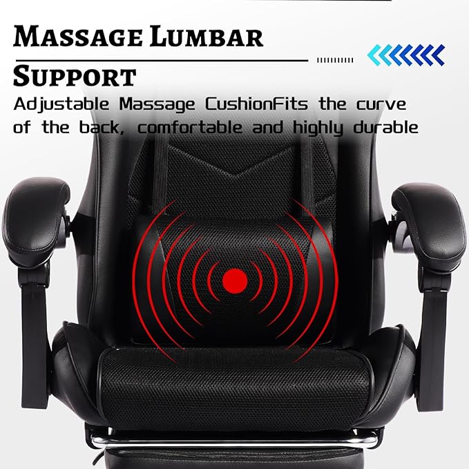 Gaming Chair with Footrest Ergonomic High Back Desk Chair for Adults 155° Recline Massage Lumbar Support &amp Memory Foam Headrest Breathable Mesh PU Leather Adjustable Swivel (Black)