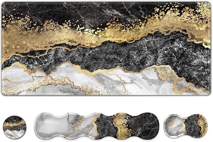 Upgraded Extended Gaming Mouse Pad Keyboard Wrist Rest Pad Wrist Support Mousepad Set Artso Large Stable Rubber Base Stitched Edges Multifunctional Desk Pad 35 x15.5 in Black Grey Marble