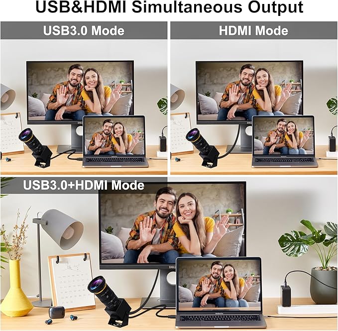 10X Optical Zoom 60fps HDMI USB3.0 Camera 4K High Speed H.264 Simultaneous Output PC Webcam Plug and Play for Computer Security Industrial Live Streaming CCTV Projector