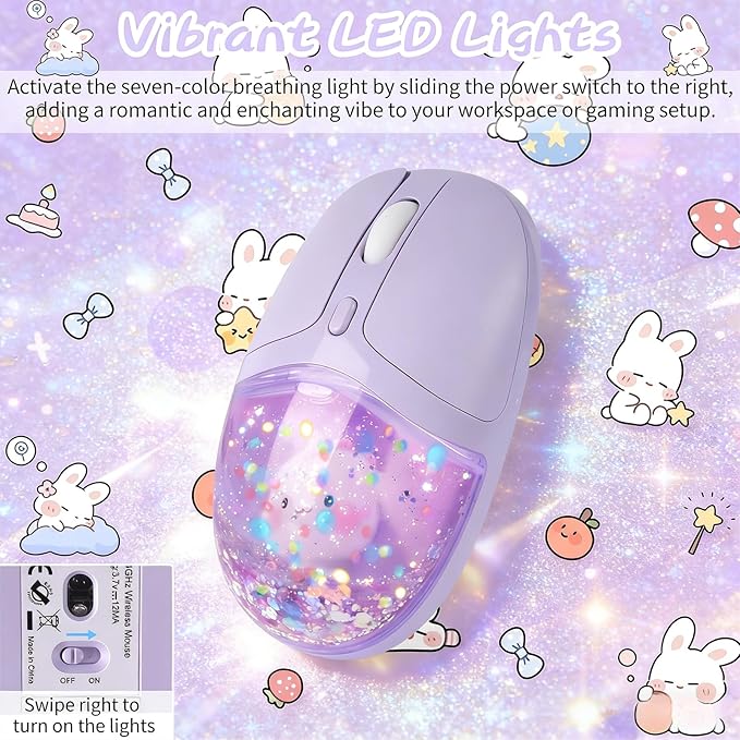Wireless Bluetooth Mouse -Cute Clear Aqua Design Glitter Liquid Sand Water Mouse with Optical Precision Silent Clicks LED Breathing LightTransparent Retro Style for Home Office (Purple)
