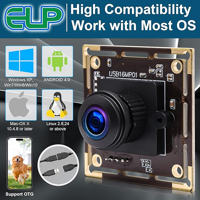 ELP 16mp Wide Angle USB Camera for Computer 180degree Fisheye Lens Webcam Board Mini UVC USB2.0 4K Video Lightburn Camera Modulewith 3.3ft/1m Cable for Laptop PC Raspberry Pi Jetson Nano