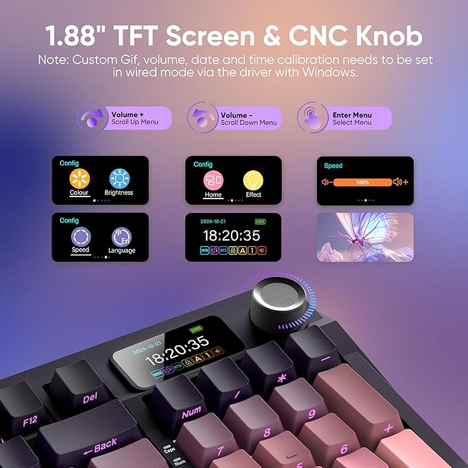 RedThunder K95 Wireless Mechanical KeyboardTFT Screen &amp Knob Trip-Modes Connection Gasket Custom Hot-Swap Keyboard RGB Backlit Pre-lubed Linear Switches Side Printed PBT Keycaps Gradient Pi