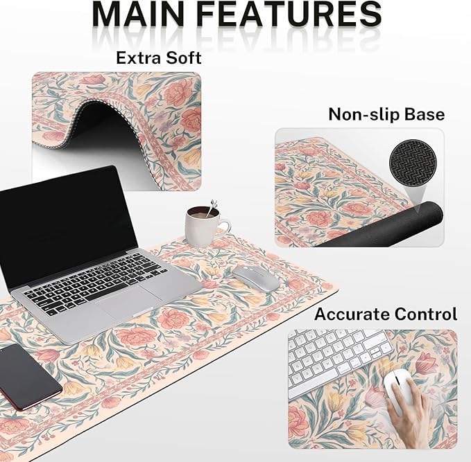 Britimes Pink Floral Keyboard Mouse Pad Set Retro 4in1 Large Mousepad+Keyboard Wrist Rest+Mouse Wrist Rest+Coaster Ergonomic Design for Home Office Computer 35.4x15.7 inches