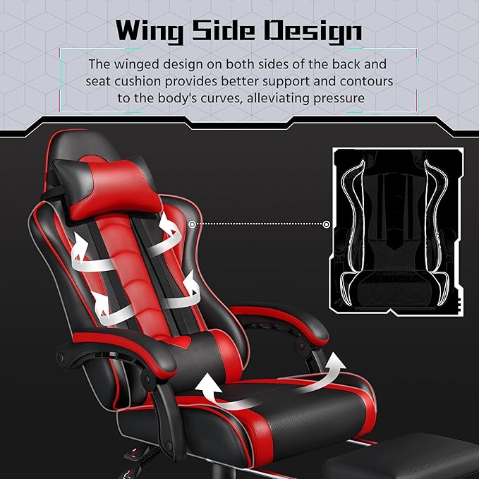 Yaheetech Gaming Chair Video Game Chair with Massage Lumbar Support and Footrest Height Adjustable Ergonomic Computer Chair with Swivel Seat and Headrest Black/Red