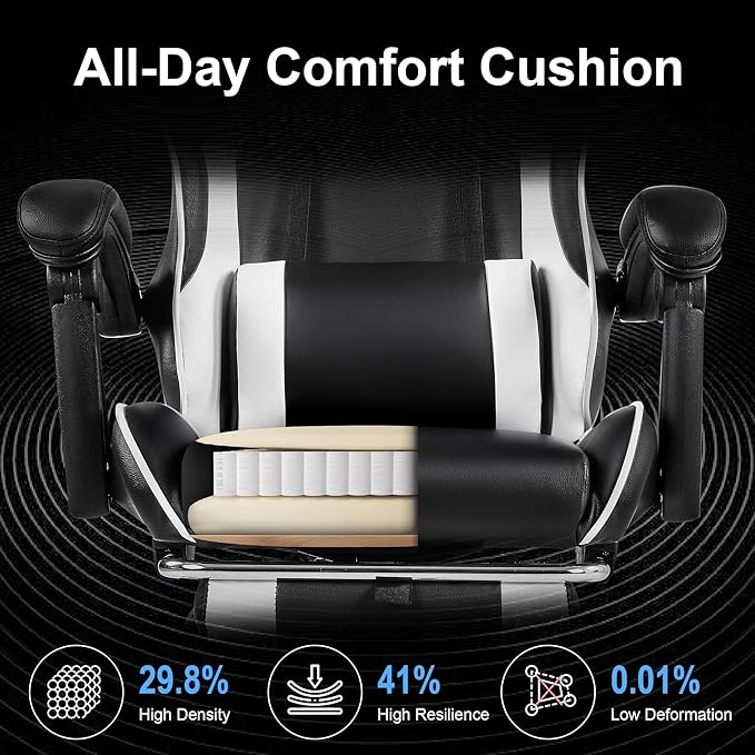 VECELO Ergonomic Gaming Chair with Footrest Comfy Recliner Computer Chair Swivel Seat Height Adjustable High Back PU Leather Lumbar Support Headrest for Adults Black