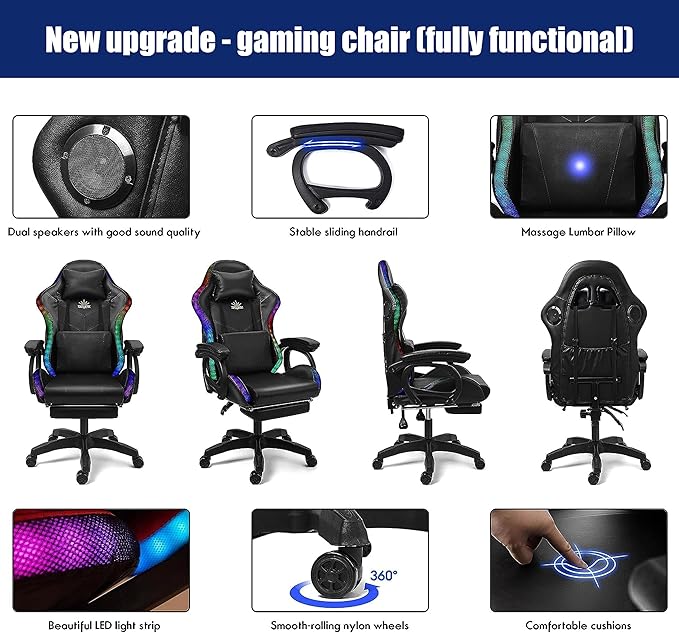 Gaming Chair with Speakers and LED LightsErgonomic Computer Chair with Massage and Footrest Reclining Video Game Chair with Adjustable Lumbar SupportTeen/Adult Computer ChairRed