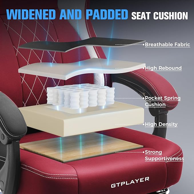 GTPLAYER Big and Tall Gaming Chair Breathable Fabric Computer Chair with Strong Lumbar Support Comfortable Office Chairs with Pocket Spring Cushion High Back Ergonomic Desk Chairs with Footrest