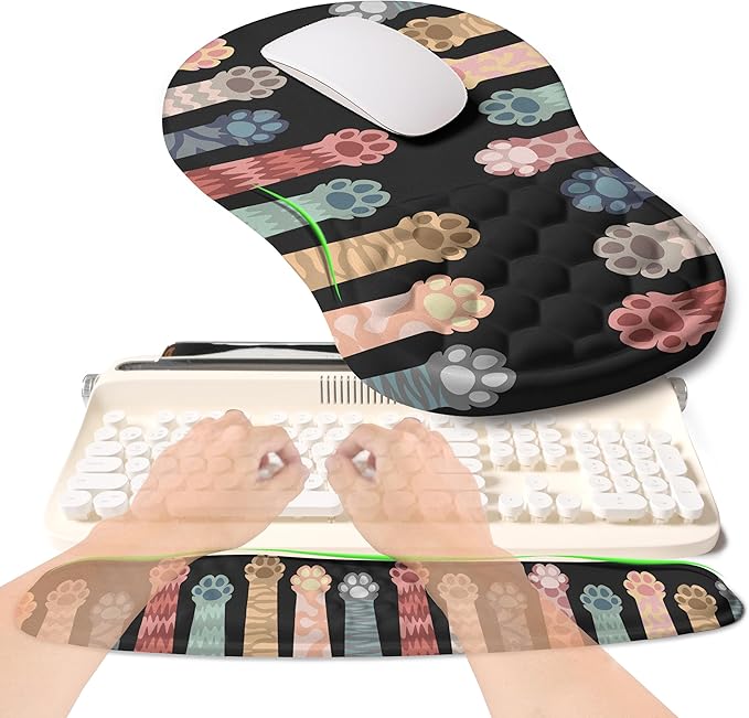 2-in-1 Ergonomic Set Wave Rise Keyboard Wrist Rest and Massage Bulge Slope Mouse Pad Wrist Support Cushion Memory Foam Integrated to Relieve Wrist Pain Multicolour Cat Claws