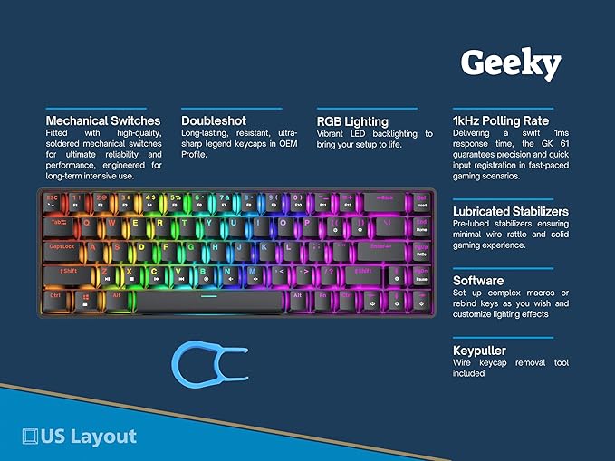 Geeky GK65 SE 65% | Mechanical Gaming Keyboard | 68 Keys Multi Color RGB LED Backlit for PC/Mac Gamer | ANSI US American Layout (Black Mechanical Speed Yellow)