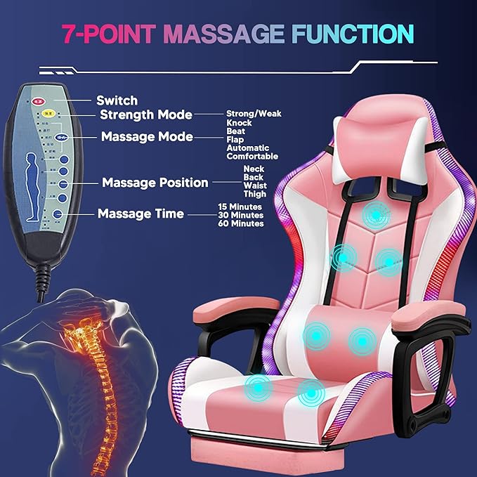 Gaming Chair for Adults with Speakers Massage Computer Office Chair RGB Gamer Chair with Footrest and Lumbar Support Music Video Game Chair High Back PU Leather Ergonomic Desk PC ChairWhite