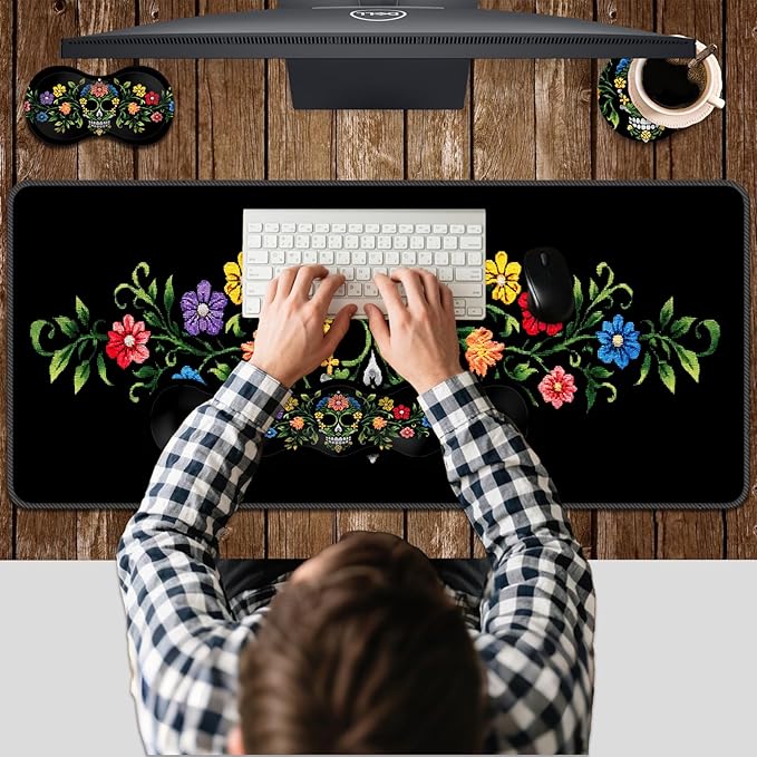 Ergonomic Keyboard Wrist Rest &amp Mouse Pad Wrist Rest SetXL Gaming Desk Mat 31.5x 11.8Non-Slip BaseMemory FoamEasy Typing Pain Relief for Office &amp HomeFloral Skull