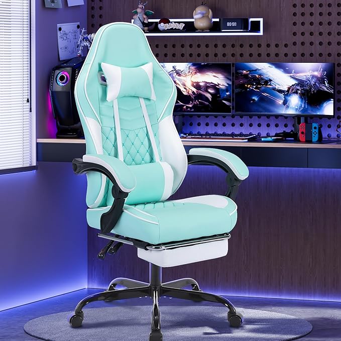 Ergonomic Gaming Chair Racing Style - High Back Gamer Chair with Footrest Adjustable Lumbar Massage Linkage Armrests &amp 90-135° Recline - Leather Computer Game Chair for Adults Green