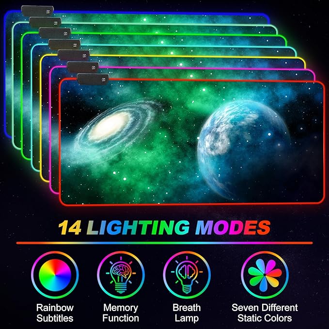 ARTSO Large RGB Gaming Mouse Pad Led Big Mouse mat with 14 Light Modes Extended Soft Computer Keyboard Mat Non-Slip Rubber Base Green Planet Nebula