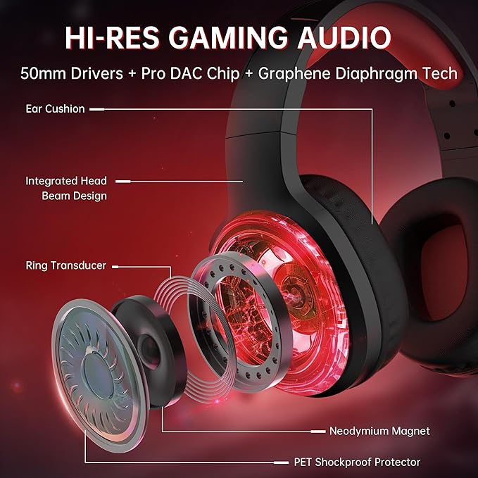 AOC Bluetooth Gaming Headset with Mic for PC PS5/4 Nintendo Switch 2.4GHz Wireless Gaming Headphones with RGB USB-C 7.1 Virtual Surround 20ms Latency 45H Playtime- Red