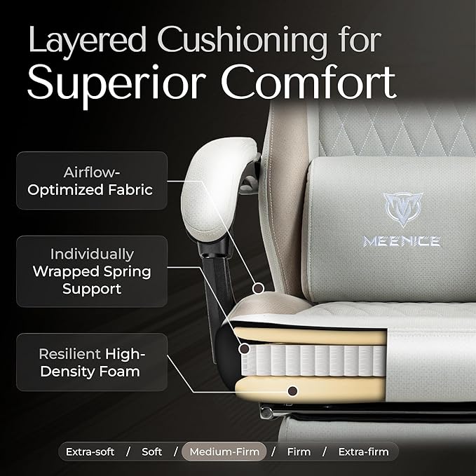 Gaming Chair Fabric with Pocket Spring Custion Ergonomic High Back Video Game Chair with Footrest Massage Lumbar Support Height Adjustable Comfy Computer Chair for Adults Game Beige White