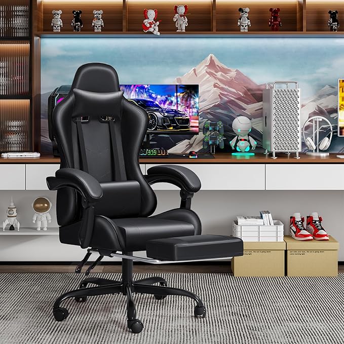 JUMMICO Gaming Chair Ergonomic Computer Chair with Footrest and Massage Lumbar Support Height Adjustable Video Gaming Chair with 360° Swivel Seat and Headrest (Black)