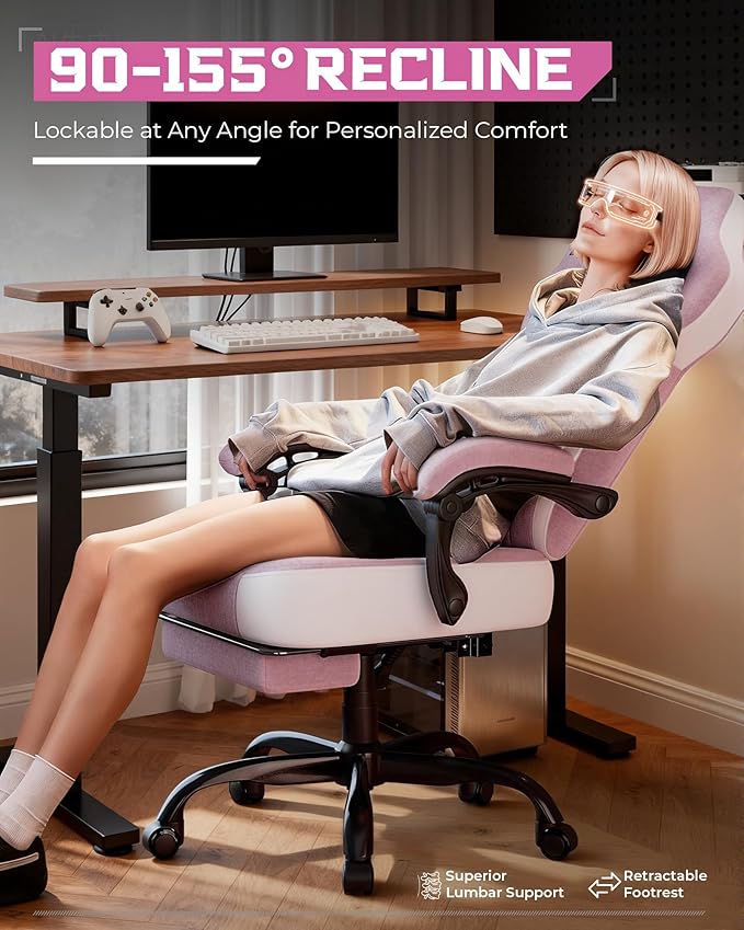GTPLAYER Gaming Chair Computer Chair with Footrest and Lumbar Support for Adults 360°-Swivel Big &amp Tall Reclining Seat for Office or Gaming (Pink)
