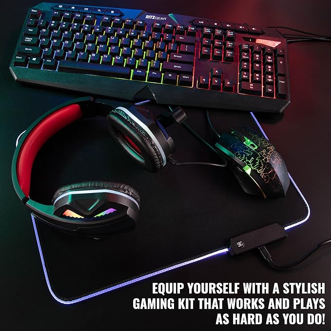 Ritz Gear RGB Gaming Accessories Kit | 4-in-1 Rainbow LED Backlight Bundle PC Combo with Multimedia Keyboard Optical Mouse Mouse Pad &amp Headset w/Adapter | for Windows 7+ Desktop Laptop Xbox &a