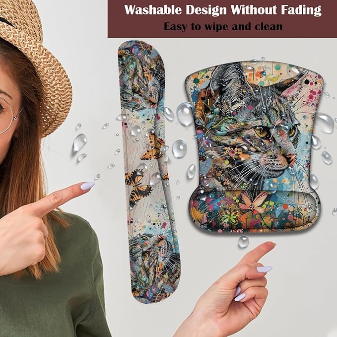 Keyboard Wrist Rest and Mouse Pad Wrist Support with Lace-Shaped Coaster Set Ergonomic Gel Memory Foam and Anti-Slip Base Easy Typing and Pain Relief - Kitty