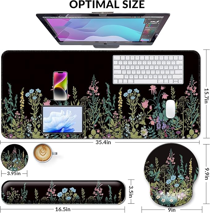 Desk Mat Set + Keyboard and Mouse Pad with Wrist Rest Support4-in-1 Large Mousepad Computer Mats for Desktop Home &amp Office-Flowers Garden