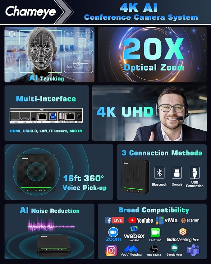 Chameye 4K Video Conference Room Camera AI Auto Tracking PTZ Camera 4K 20X Zoom LAN HDMI USB3.0 PTZ Cam and Bluetooth Conference Speaker&ampMicrophone Bundle for Large Remote Meeting CB201 Black