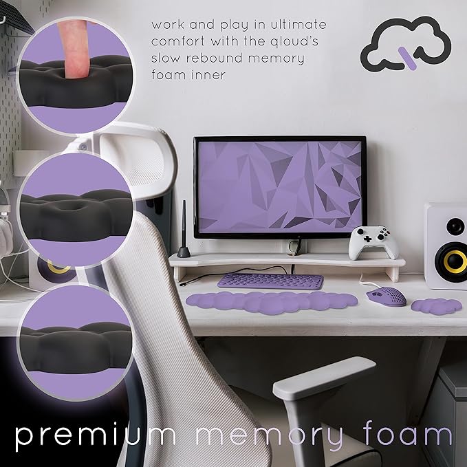 Qloud Cloud Wrist Rest Keyboard Wrist Rest for Computer Keyboard Pad Cloud Keyboard Wrist Rest Wrist Pad for Keyboard Memory Foam Non Slip Base Comes with Mouse Pad - Lilac Purple