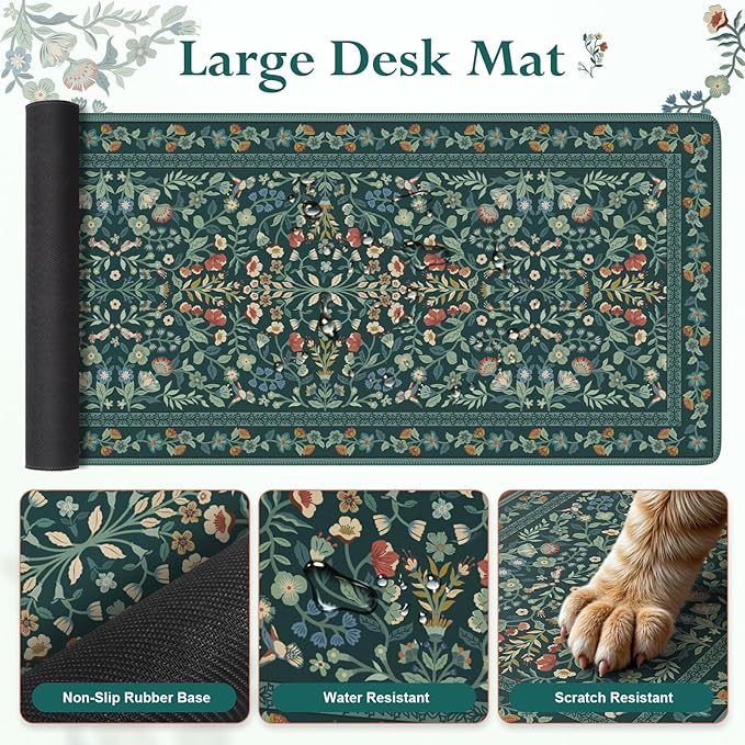iLeadon Mouse Pad and Keyboard Wrist Rest Extra Large Mouse Pad Set Memory Foam Wrist Support for Keyboard Ultra Smooth Dark Green Desk Mat Sets for Office Women(Floral)