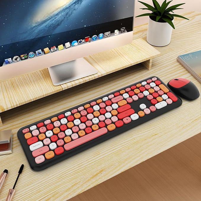 Wireless Keyboard and Mouse Combo Colorful Ergonomic Full Size Retro Low-Noise Keyboard with Cute keycaps Compatible with Windows PC Perfer for Home and Office Keyboards (Black)