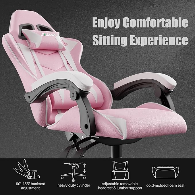 Pink Gaming Chair High Back Ergonomic Computer Gamer Chair with Headrest and Lumbar Support Racing Style Reclining Game Chair for Adults Kids