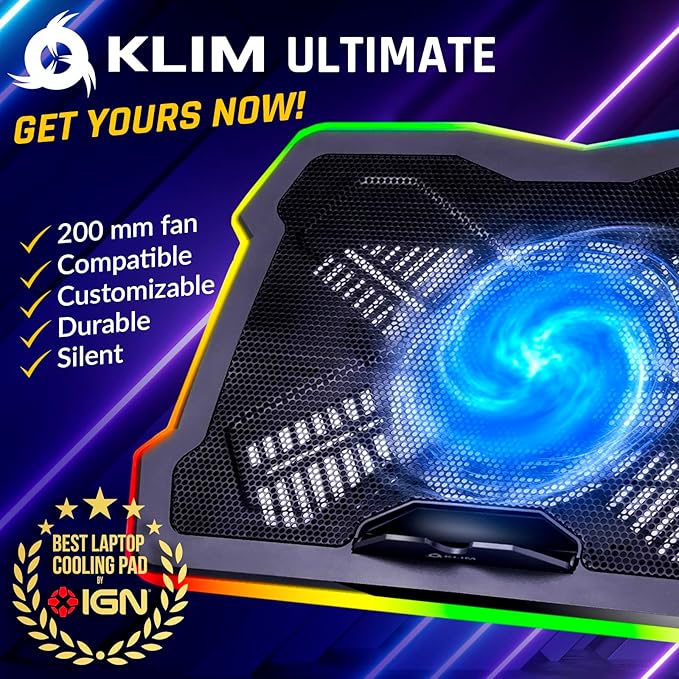 KLIM Ultimate - RGB Laptop Cooling Pad with LED Rim - New - Gaming Laptop Cooler - USB Powered Fan - Very Stable and Silent Laptop Stand - Compatible up to 17 - PC Mac PS5 PS4 Xbox One