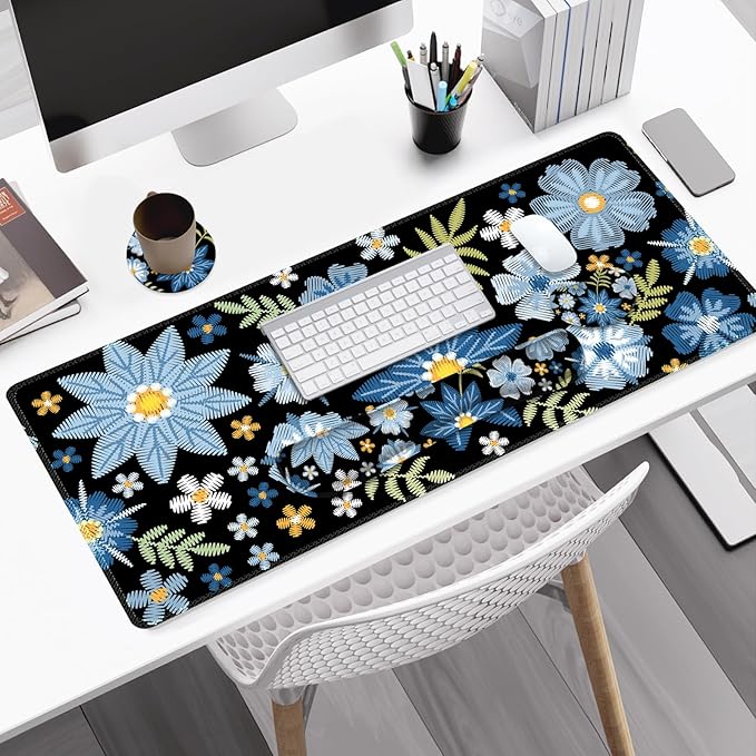 Large Gaming Mouse Pad Set 4 in1 Ergonomics Keyboard Desk Mat with Memory Foam Wrist Rest Computer PC Extended Game Mousepad Non-Slip Desk Pad Matt Easy Typing Pain Relief I Forget-me-not