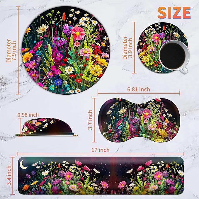 Mouse Pad with Wrist Rest + Keyboard Wrist Rest + Gaming Mouse Pad + Coasters Ergonomic Memory Foam Wrist Pad Set with Easy Typing &amp Pain Relief for Computer Laptop Office &amp Home - Floral Flow