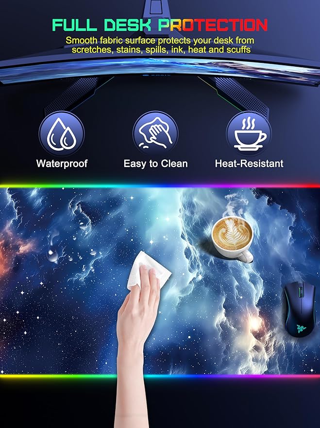 Wireless Charging Mouse Pad RGB Gaming Mousepad Home Office Desk Pad 31.5” x 15.8” XXL Large Desk Mat Waterproof Keyboard Pad Blue Nebula(Includes 20W PD Power Adapter &amp 6.56ft Woven Cable)