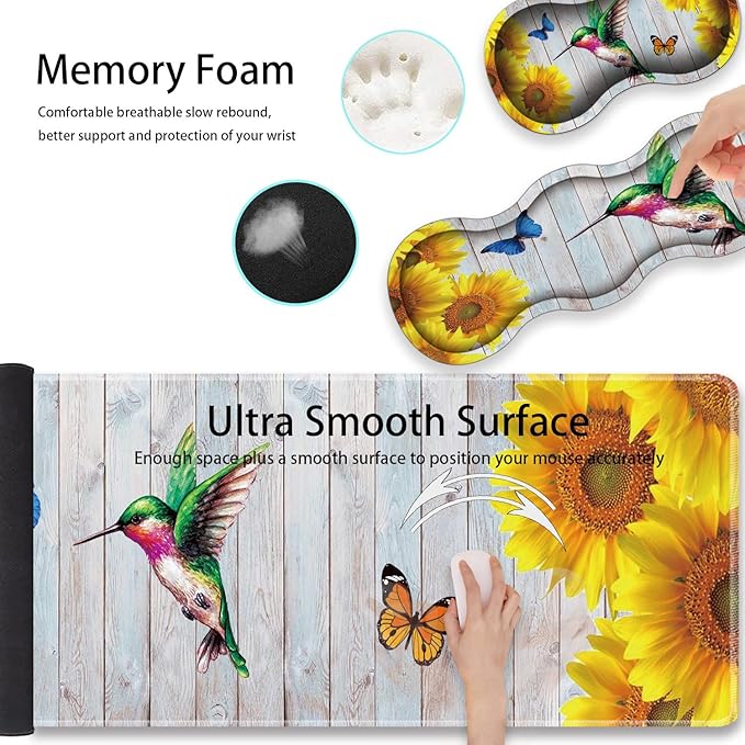 Large Gaming Mouse Pad Keyboard Wrist Rest + Mouse Wrist Pad + Coaster Combination Set Memory Sponge Non-Slip Base. Suitable for Office and Home Vintage Wood Butterfly Hummingbird