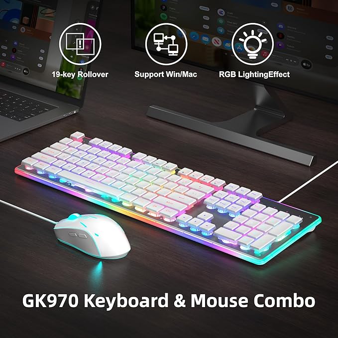 Camiysn Gaming Creamy Keyboard and Mouse White 104 Keys RGB and 6 Speed RGB Mouse Combo Pudding Keycaps Silent Computer Keyboard for Computer/PC/Laptop/Mac/Windows/Office
