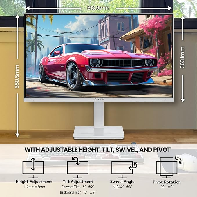 CRUA 27 Gaming Monitor 144Hz 4K UHD(3840*2160P) IPS Screen Supports Height/Pivot/Rotating/Tilt Adjustable Vertical Monitor AMD Freesync 120% sRGB Built-in Speakers Wall Mountable Installs-White