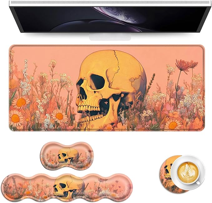 Keyboard Mouse Pad Set Extended Gaming Mouse Pad+Ergonomics Keyboard Wrist Rest Support Memory Foam Easy Typing Pain Relief 4Pcs XL Ultra Thick Desk MatSkull in Flower Field