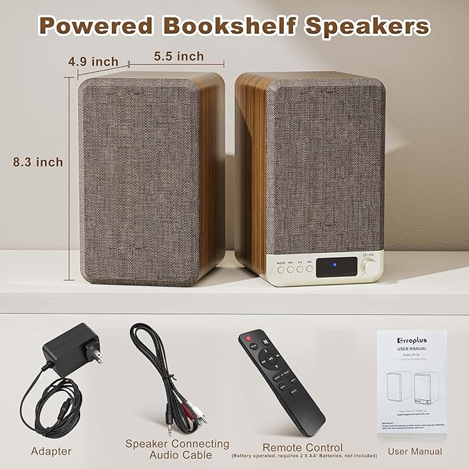 Powered Bookshelf Speakers 60W Record Player Speakers with 3.5 Inch Woofer Active Turntable Speakers Wired AUX/RCA/BT Input Retro Computer Speakers for Vinyl Player HiFi Stereo Speakers
