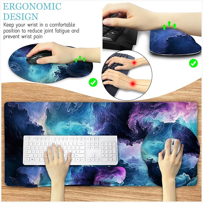 Galaxy Mouse Pad Set Large Desk Matt for Desktop Ergonomic Mouse Pad with Wrist Rest Gaming Mousepad Wrist Support Keyboard Mat Cup Coaster Set Cute Office Desk Decor Accessories