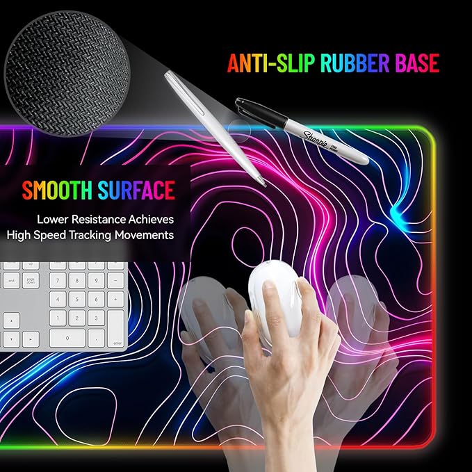 RGB Mousepad LED Desk Mat Gaming Large Keyboard Cute Desktop Computer Laptop 14 Light XXL Long Giant Big Cool Modern Design Unique for Men Boys Gamer Oversized Wide 30x12'' Mousepad Topo