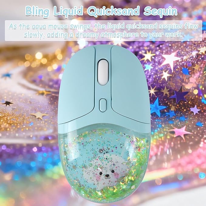 Wireless Mouse with Liquid Quicksand Sequins 2.4GHz &amp Bluetooth Dual Mode Rechargeable Silent Cute Aqua Mouse with LED Light Portable Water Mice for Laptop PC Tablet MacBook Kids Adults Gift (Gree