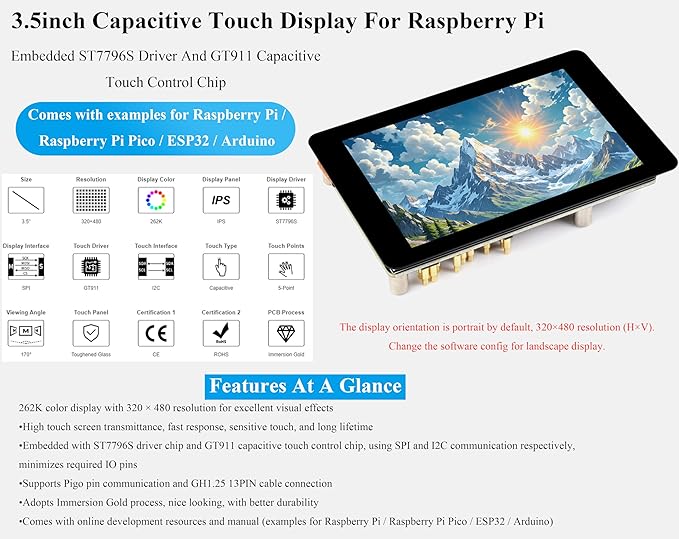 3.5inch Capacitive Touch Screen Compatible with Raspberry Pi 5/4B/3B+/3B/3A+/Pico W/Pico 2W/ ESP32 320x480 IPS LCD 5-Point Touch SPI and I2C Interfaces Pigo Pin or 13PIN Cable Dual Connections