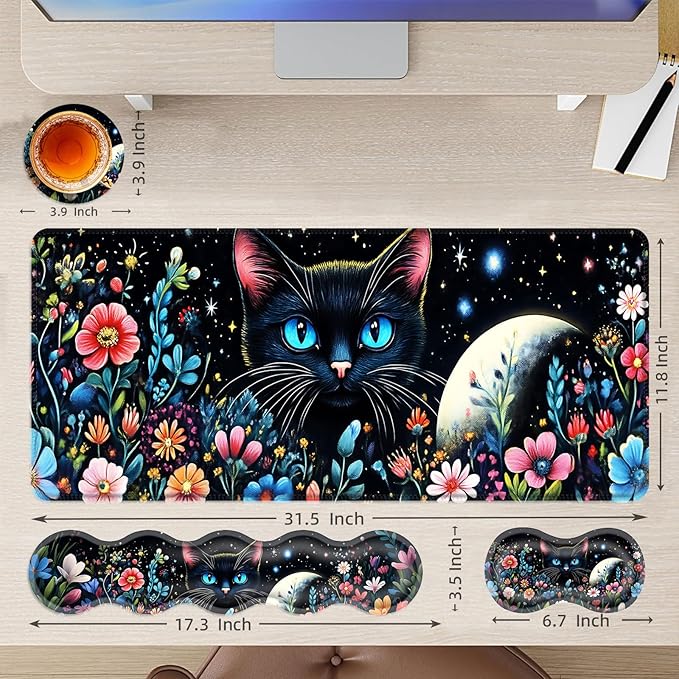 Large Mouse Pad and Keyboard Wrist Rest Desk Pad for Keyboard and Mouse 4-in-1 Large Gaming Mouse Pad with Wrist Support Desk Mat for Home Office Study GameBlack Cat Flower