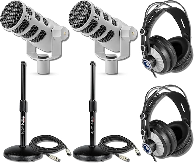 Rode PodMic Cardioid Dynamic Broadcast Microphone (White Pair) with 2X Round Base Desktop Mic Stands Monitoring Headphones XLR Cables and Polishing Cloths