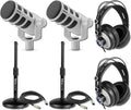 Rode PodMic Cardioid Dynamic Broadcast Microphone (White Pair) with 2X Round Base Desktop Mic Stands Monitoring Headphones XLR Cables and Polishing Cloths