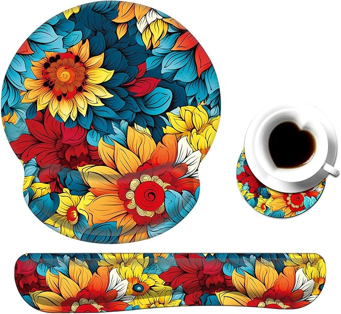 Keyboard Wrist Rest and Mouse Pad Wrist Support Set with CoasterErgonomic Mouse PadComfortable for Easy Typing Pain ReliefMemory Foam Keyboard Pad Set for Laptop MacColorful Petals