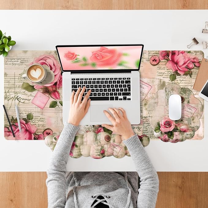 Conmputer Desk Mat Set 4 in 1 Cloud-Shaped Ergonomic Wrist Rest Set Mouse Pad with Non-Slip Base Memory Foam Silicone Lining Keyboard Wrist Rest Computers Offices Gaming Woody Pink Rose