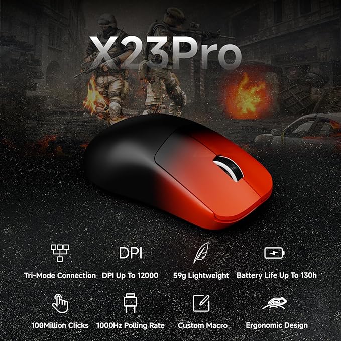 X23Pro Wireless Gaming Mouse 2.4G/BT5.0/USB-C Esports Gaming Mouse 800mAh Lightweight Mouse Gaming 12000 DPI Wireless Mouse with 6 Programmable Buttons for Laptop/PC/Mac Black-red