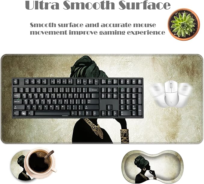 Ergonomic Keyboard Wrist Rest &amp Mouse Pad Wrist Rest SetXL Gaming Desk Mat 31.5x 11.8Non-Slip BaseMemory FoamEasy Typing Pain Relief for Office &amp HomeAfrican Woman Silhouette